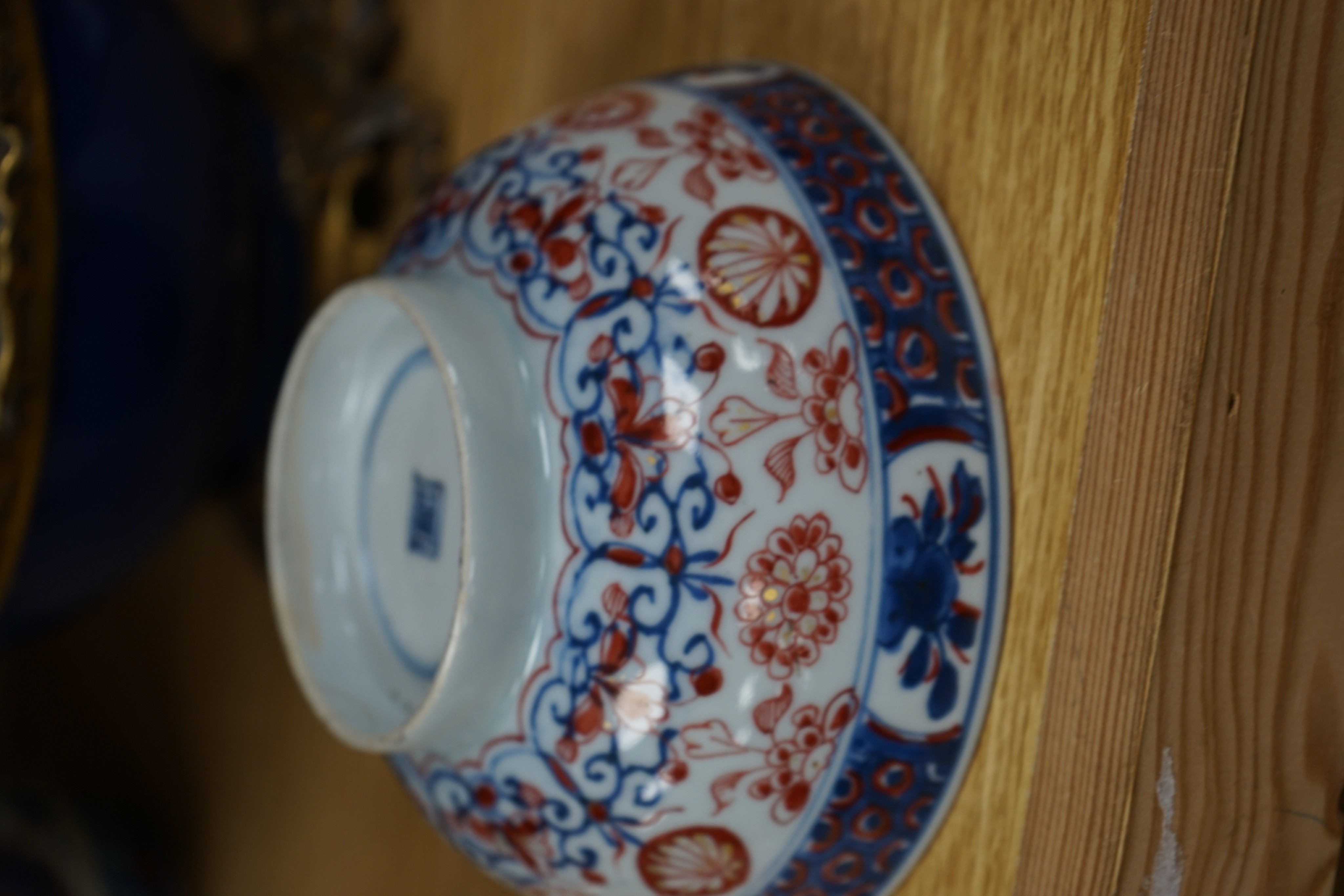 An 18th century Chinese clobbered blue and white bowl, a Samson powder blue ormolu mounted bowl, 19.5cm wide and a 19th century Chinese doucai style jar